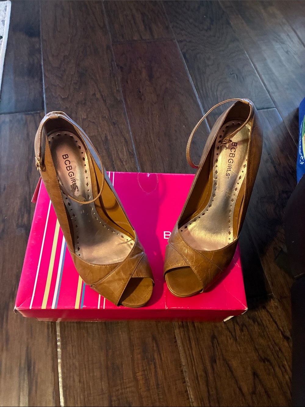 BCBGirls Tan Leather Peep-Toe Ankle Strap Heels